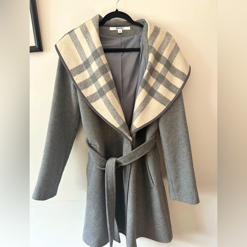 DKNY Gray Checkered Hooded Coat